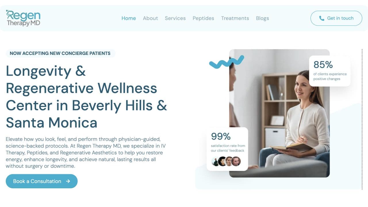 Regen Therapy MD homepage hero presenting its Beverly Hills and Santa Monica wellness centers